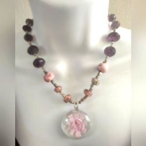 Necklace with faceted amethysts glass flower pendant roses pink purple